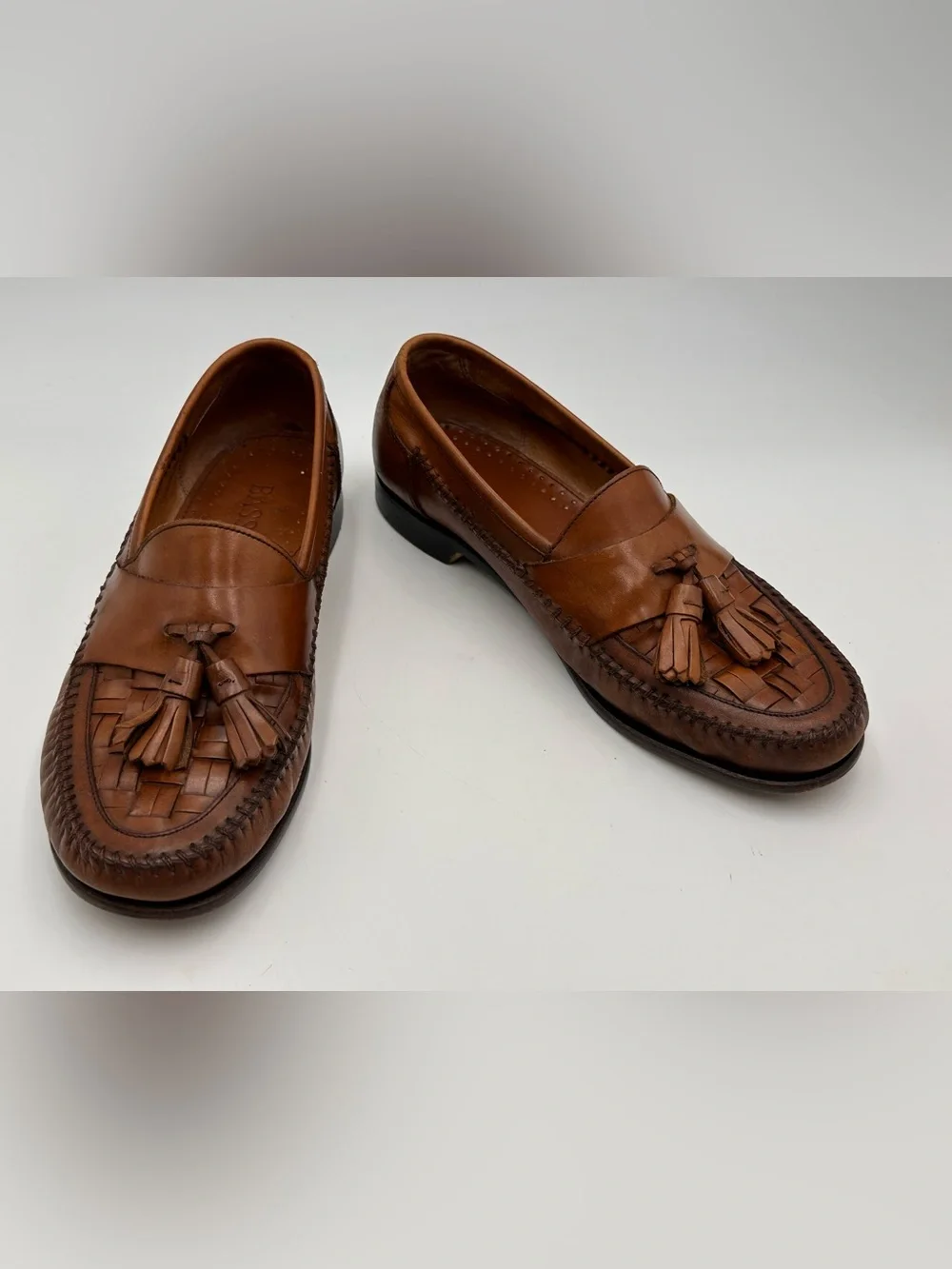 BASS SHOES MENS SZ 9 BRYAN TASSEL LOAFERS MOC TOE BASKETWEAVE WOVEN VINTAGE